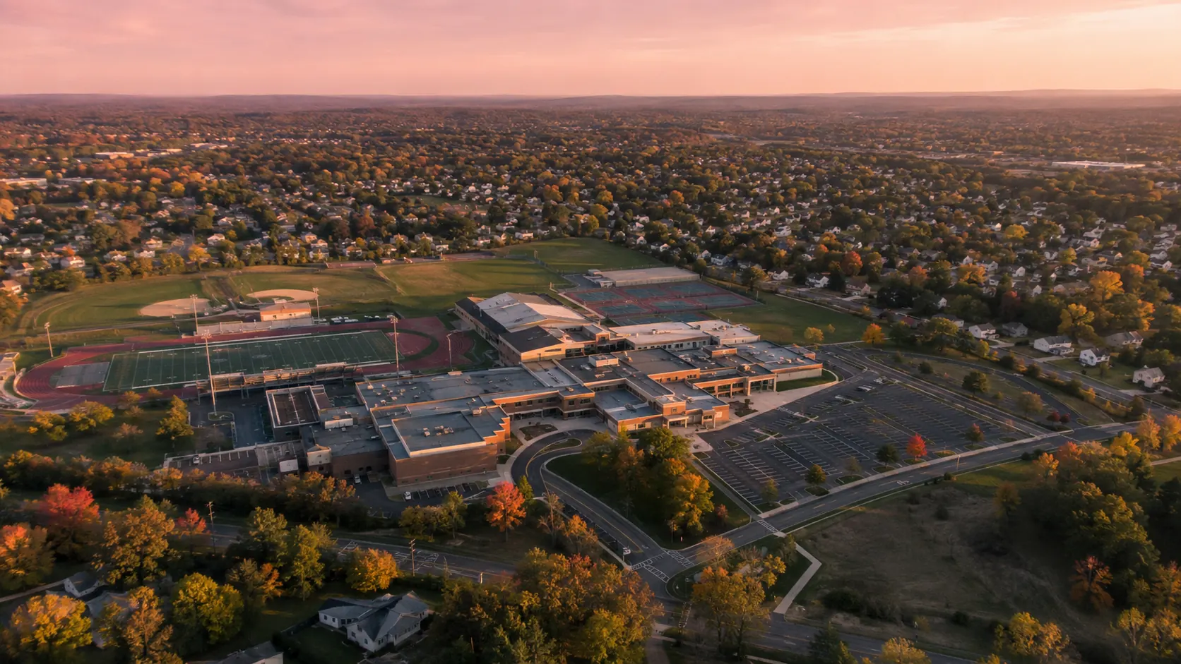 A New Jersey public school campus and the neighbourhood around it at dusk.