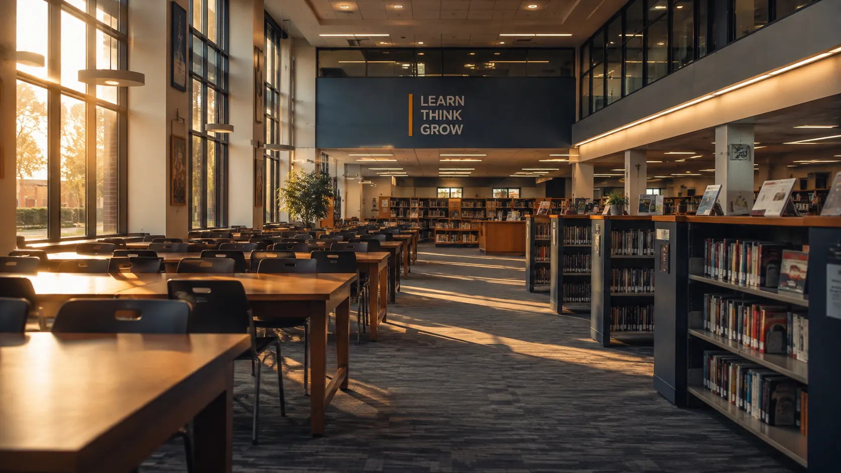 Sunlight across the study tables and stacks of a New Jersey school library.